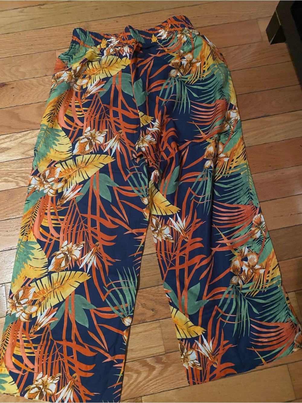 Tropical Floral Wide-Leg Pants in Navy, Orange, Yellow & Green